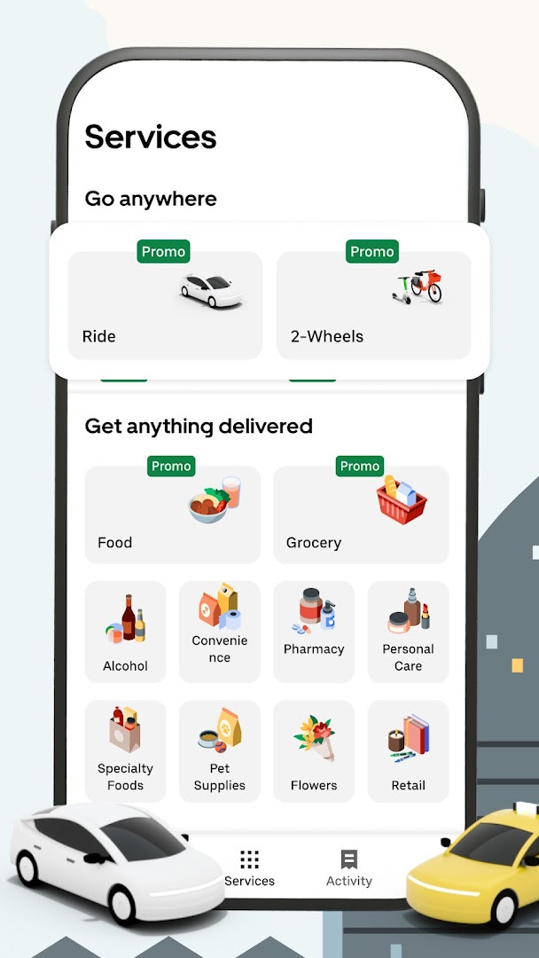 Ride selection screen listing options such as UberX, Comfort, Black, and Taxi