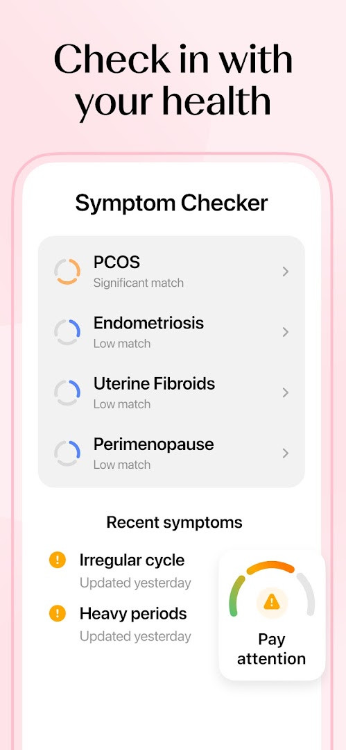 Perimenopause screen showing a symptom score and menopause timeline phases