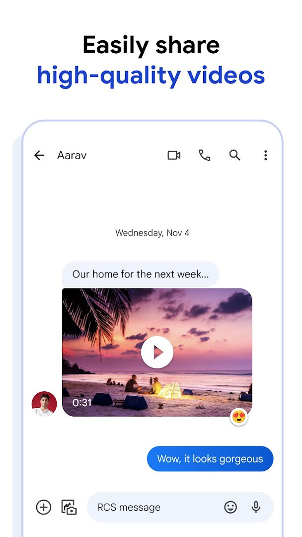 Google Messages chat with custom bubble colors and a selfie gif