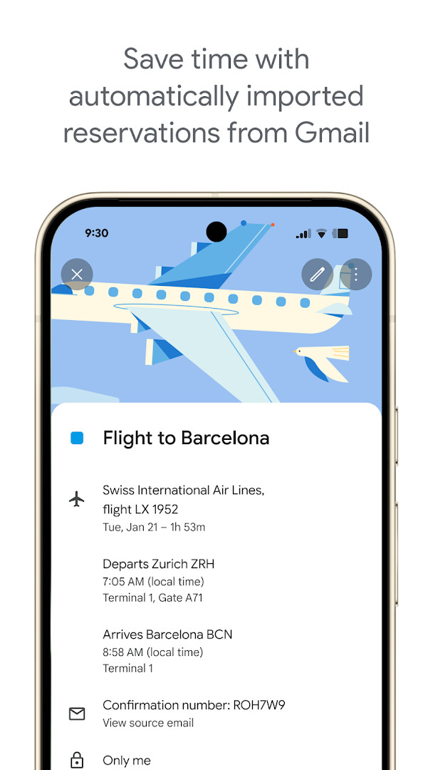 Google Calendar event creation screen with title, time and details fields